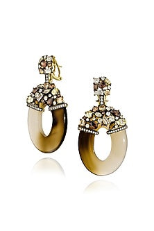 Gold Finish Cubic Zirconia & Agate Stone Dangler Earrings In Sterling Silver
