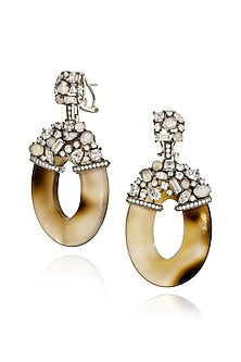 White Rhodium Finish Cubic Zirconia & Agate Stone Dangler Earrings In Sterling Silver