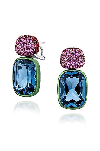 White Rhodium Finish Blue Semi-Precious Stone Dangler Earrings In Sterling Silver