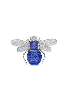 White Rhodium Finish Sapphire Blue Spinel Stone Honey Bee Brooch In Sterling silver
