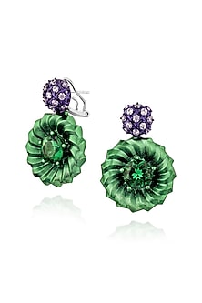 White Rhodium Finish Cubic Zirconia & Purple Stone Dangler Earrings In Sterling Silver
