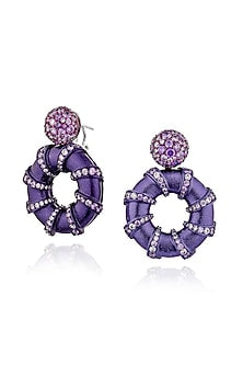 White Rhodium Finish Cubic Zirconia & Purple Stone Hoop Earrings In Sterling Silver