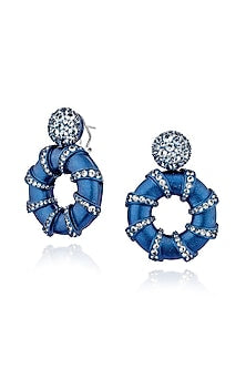 White Rhodium Finish Cubic Zirconia & Blue Topaz Stone Hoop Earrings In Sterling Silver