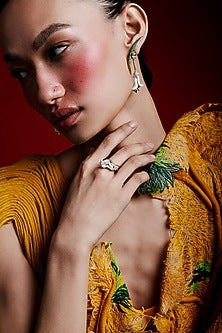 Gold Finish Cubic Zirconia & Canary Stone Earcuff Dangler Earrings In Sterling Silver