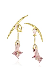 Gold Finish Cubic Zirconia & Pink Stone Earcuff Dangler Earrings In Sterling Silver
