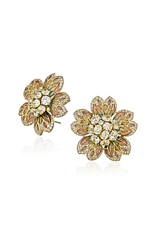 Gold Finish Cubic Zirconia & Canary Stone Floral Stud Earrings In Sterling Silver