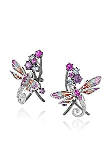 White Rhodium Finish Cubic Zirconia & Canary Stone Stud Earrings In Sterling Silver