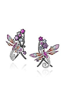 White Rhodium Finish Cubic Zirconia & Canary Stone Stud Earrings In Sterling Silver