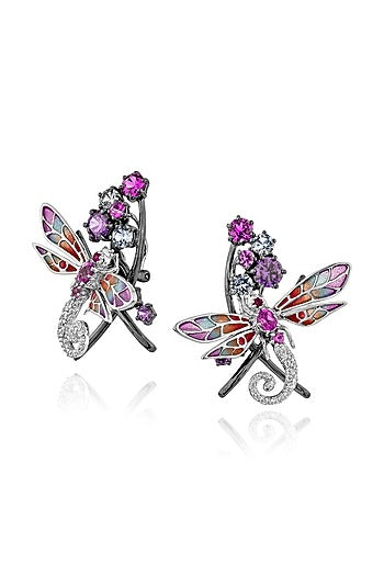 White Rhodium Finish Cubic Zirconia & Canary Stone Stud Earrings In Sterling Silver