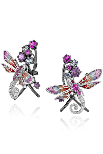 White Rhodium Finish Cubic Zirconia & Canary Stone Stud Earrings In Sterling Silver