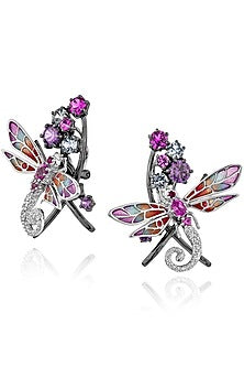 White Rhodium Finish Cubic Zirconia & Canary Stone Stud Earrings In Sterling Silver