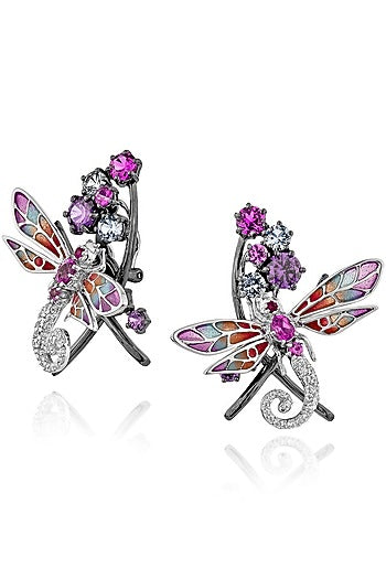 White Rhodium Finish Cubic Zirconia & Canary Stone Stud Earrings In Sterling Silver