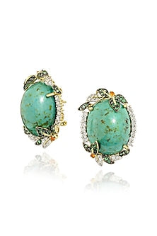 Gold Finish Cubic Zirconia & Turquoise Stone Stud Earrings In Sterling Silver