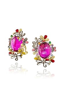 Gold Finish Cubic Zirconia & Pink Stone Floral Stud Earrings In Sterling Silver