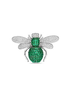 White Rhodium Finish Emerald Green Spinel Stone Honey Bee Brooch In Sterling silver