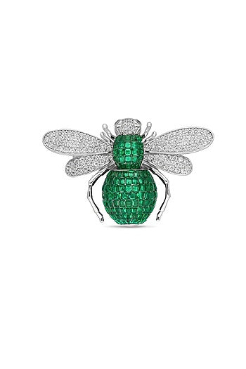 White Rhodium Finish Emerald Green Spinel Stone Honey Bee Brooch In Sterling silver