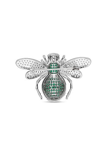 White Rhodium Finish Emerald Green Spinel Stone Honey Bee Brooch In Sterling silver