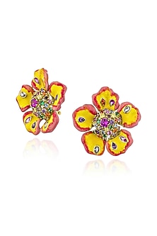 Gold Finish Cubic Zirconia Crystal Enameled Floral Stud Earrings In Sterling Silver