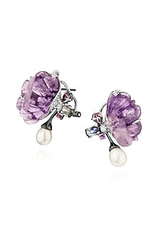White Rhodium Finish Cubic Zirconia & Amethyst Stone Butterfly Stud Earrings In Sterling Silver