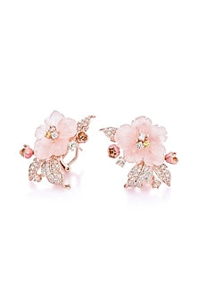 Rose Gold Finish Cubic Zirconia & Pink Onyx Floral Stud Earrings In Sterling Silver