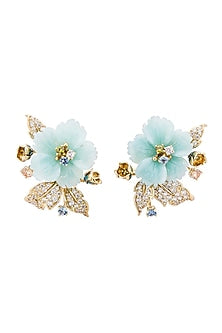 Gold Finish Cubic Zirconia & Blue Onyx Floral Stud Earrings In Sterling Silver
