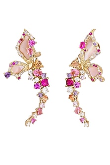 Gold Finish Cubic Zirconia & Pink Shell Butterfly Stud Earrings In Sterling Silver
