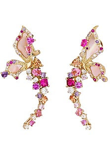 Gold Finish Cubic Zirconia & Pink Shell Butterfly Stud Earrings In Sterling Silver