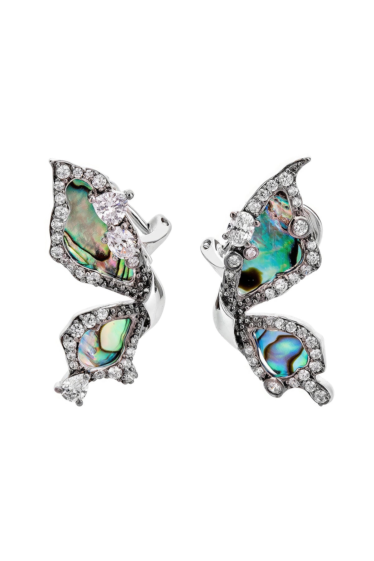 White Rhodium Finish Cubic Zirconia & Abalone Shell Butterfly Earrings In Sterling Silver