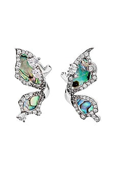 White Rhodium Finish Cubic Zirconia & Abalone Shell Butterfly Stud Earrings In Sterling Silver