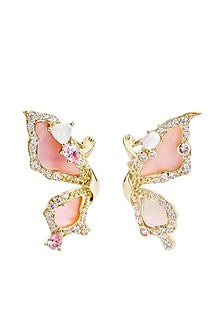 Gold Finish Cubic Zirconia & Pink Shell Butterfly Stud Earrings In Sterling Silver