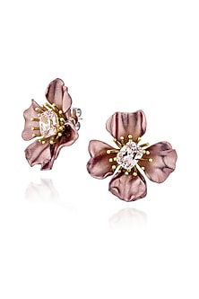White Rhodium Finish Cubic Zirconia & Pink Stone Floral Stud Earrings In Sterling Silver