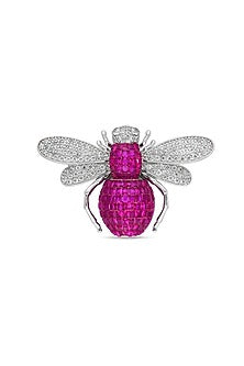 White Rhodium Finish Ruby Spinel Stone Honey Bee Brooch In Sterling silver