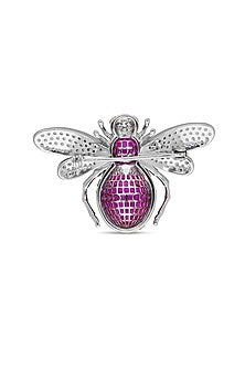 White Rhodium Finish Ruby Spinel Stone Honey Bee Brooch In Sterling silver