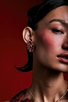 Gold Finish Cubic Zirconia & Red Stone Floral Stud Earrings In Sterling Silver