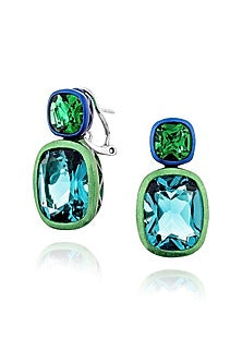 White Rhodium Finish Green Semi-precious Stone Drop Earrings In Sterling Silver