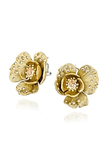 White Rhodium Finish Cubic Zirconia & Champagne Stone Floral Stud Earrings In Sterling Silver