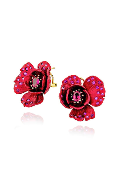 Gold Finish Cubic Zirconia & Red Stone Floral Stud Earrings In Sterling Silver