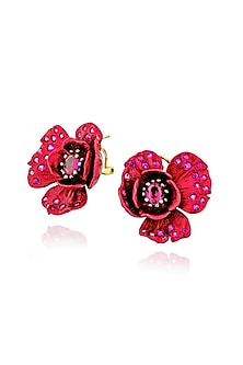 Gold Finish Cubic Zirconia & Red Stone Floral Stud Earrings In Sterling Silver