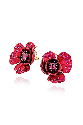 Gold Finish Cubic Zirconia & Red Stone Floral Stud Earrings In Sterling Silver