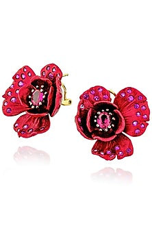 Gold Finish Cubic Zirconia & Red Stone Floral Stud Earrings In Sterling Silver
