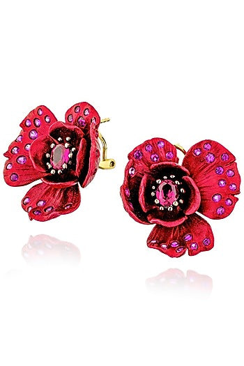 Gold Finish Cubic Zirconia & Red Stone Floral Stud Earrings In Sterling Silver