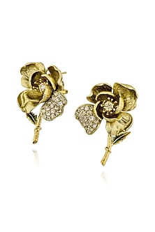 Gold Finish Cubic Zirconia & Champagne Stone Enameled Stud Earrings In Sterling Silver