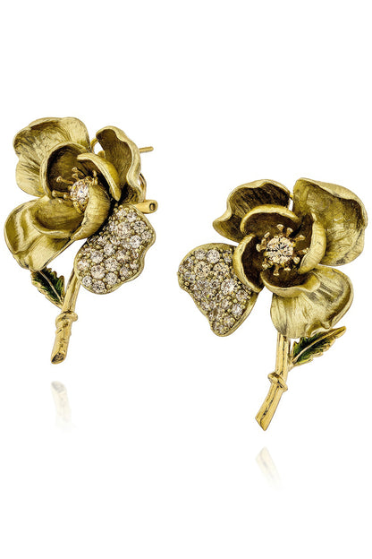 Gold Finish Cubic Zirconia & Champagne Stone Enameled Stud Earrings In Sterling Silver
