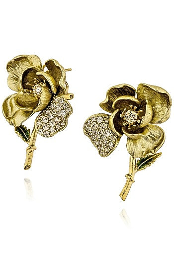 Gold Finish Cubic Zirconia & Champagne Stone Enameled Stud Earrings In Sterling Silver