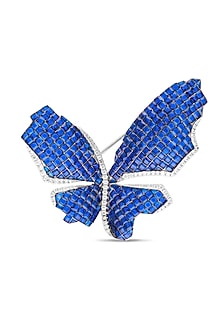 White Rhodium Finish Sapphire Blue Spinel Stone Butterfly Brooch In Sterling silver