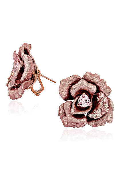 Rose Gold Finish Cubic Zirconia & Pink Stone Floral Stud Earrings In Sterling Silver