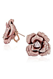 Rose Gold Finish Cubic Zirconia & Pink Stone Floral Stud Earrings In Sterling Silver