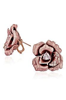 Rose Gold Finish Cubic Zirconia & Pink Stone Floral Stud Earrings In Sterling Silver