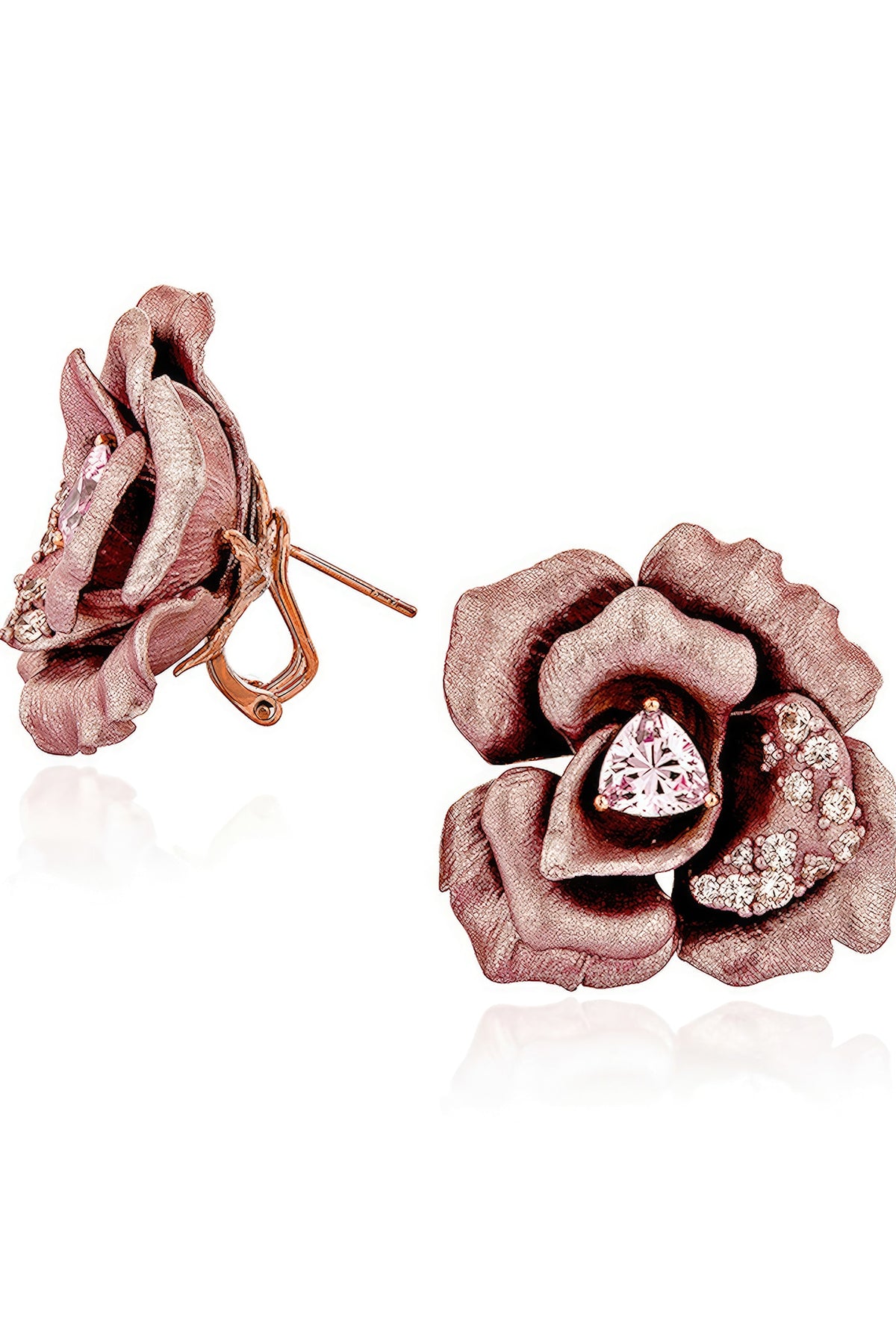 Rose Gold Finish Cubic Zirconia & Pink Stone Floral Stud Earrings In Sterling Silver