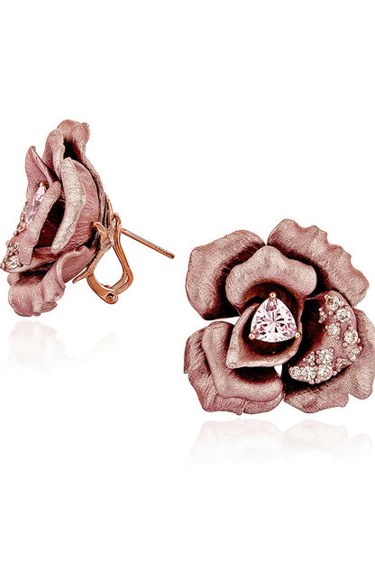 Rose Gold Finish Cubic Zirconia & Pink Stone Floral Stud Earrings In Sterling Silver